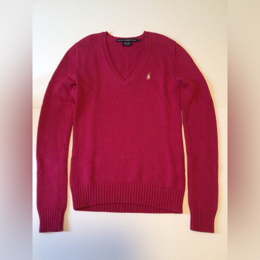 Ralph Lauren Magenta V-Neck Wool Sweater